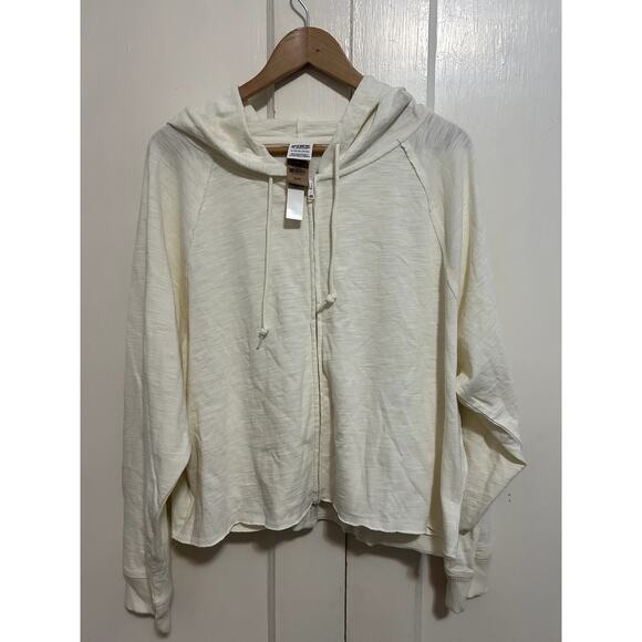 NWT PINK Victoria Secret Cream Full Zip Hoodie Size XL Raw Hem Cropped - Picture 1 of 9